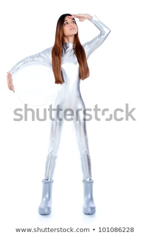 Stockfoto: Futuristic Silver Woman Full Legth Holding Glass Helmet