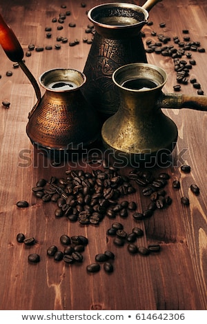 ストックフォト: Hot Coffee In Different Kind Shabby Turkish Pots Cezve With Copy Space On Brown Old Wooden Board Bac