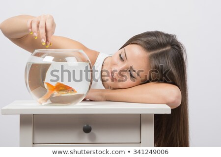 Stock fotó: A Young Girl Feeds A Goldfish In A Fishbowl