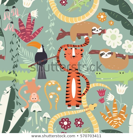 Zdjęcia stock: Seamless Pattern With Cute Rain Forest Animals Toucan Snake Sloth