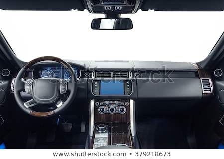Foto stock: Modern Luxury Prestige Car Interior Dashboard Steering Wheel Perforated Leather Wooden Interior