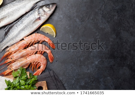 Stockfoto: Fresh Seafood Trout Fish And Langostino Shrimps