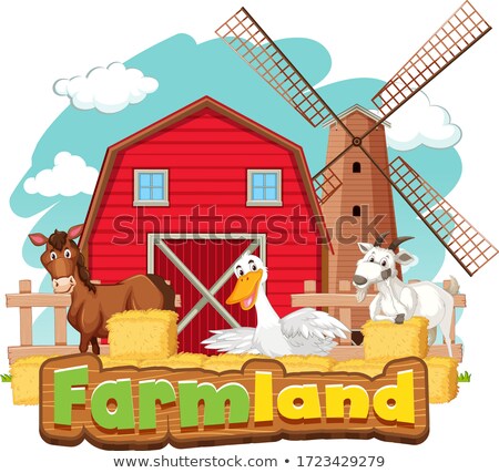 Foto stock: Farmland Sign With Many Animals And Red Barn