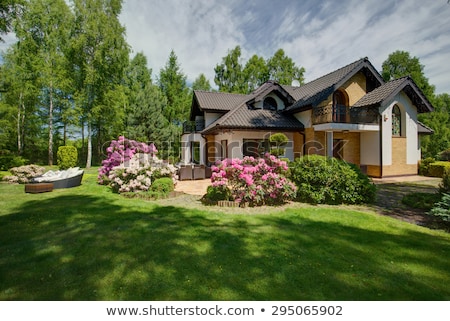 Stock foto: Beautiful Green Garden With Flowers On Luxury Backyard