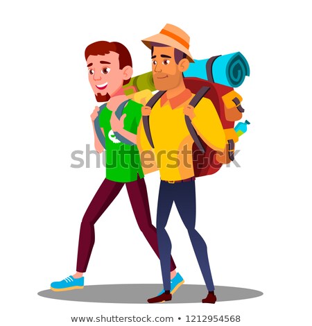 ストックフォト: Two Guy Friends Teen Going Hiking With Backpacks Vector Isolated Illustration
