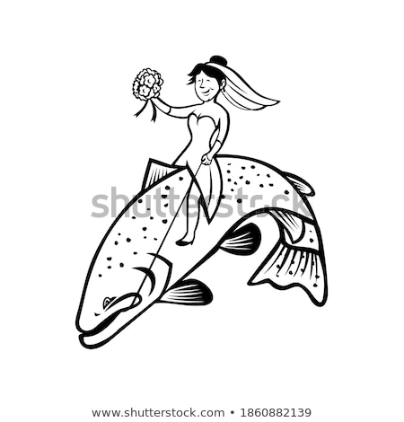 Stock photo: Fly Fisherman Riding Trout Fish Cartoon Black And White