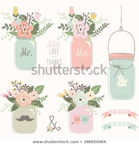 Stok fotoğraf: Hand Draw Wedding Card With Flower Mason Jar