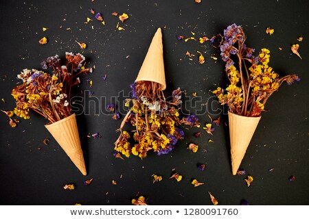 Stockfoto: Bouquet Flowers In A Waffle Cone On A Black Background