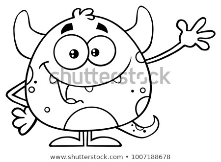 Stock photo: Black And White Happy Monster Cartoon Emoji Character Waving For Greeting