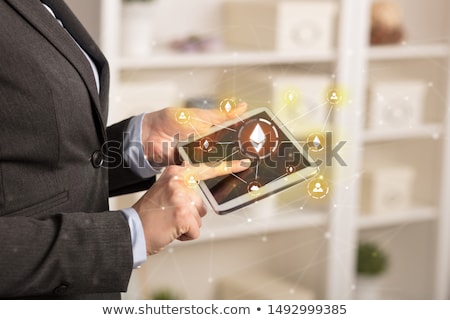 ストックフォト: Business Woman Using Tablet With Bitcoin Link Network And Online