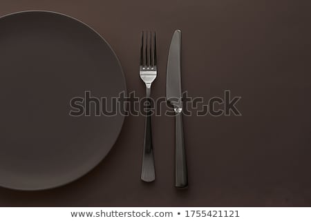 Stockfoto: Empty Plate And Cutlery As Mockup Set On Brown Background Top Tableware For Chef Table Decor And Me