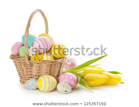 Foto stock: Spring Tulipswith Easter Eggs Isolated On White Background