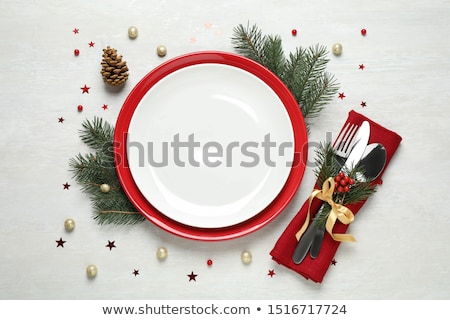 Foto stock: Christmas Table Setting With Fir Tree