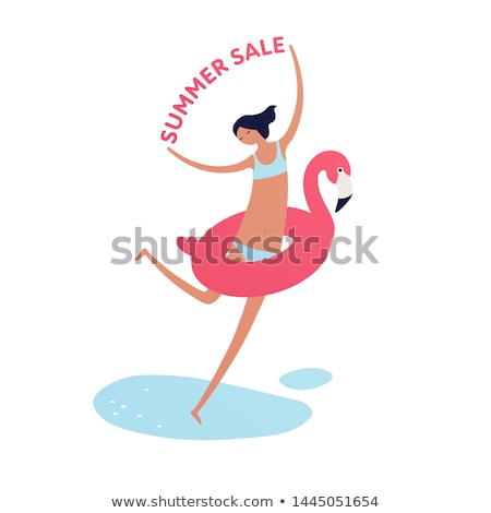 Foto stock: Happy Young Woman In Swimsuit With Red Sale Sign