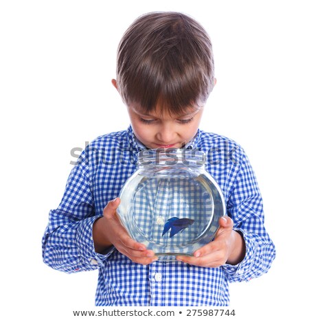 Stock fotó: Caucasian Boy Holding Aquarium With Goldfish