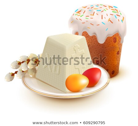 Stock foto: Russian Easter Cake Cottage Cheese Colorful Eggs And Willow Branch