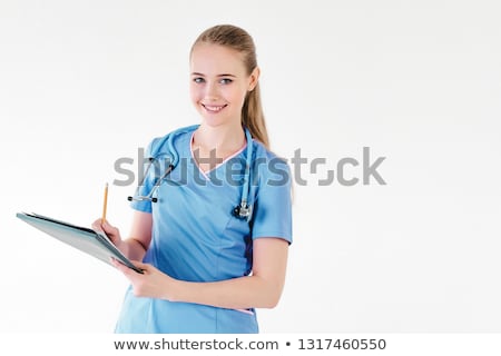 ストックフォト: Young Beautiful Female Doctor Holding Clipboard In Her Hand On White Background