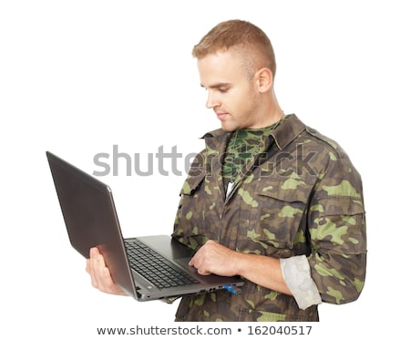 Stockfoto: Armed Soldier Holding Modern Technology Computer