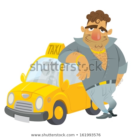 Foto stock: Cartoon Taxi Driver Funny Character With His Yellow Cab