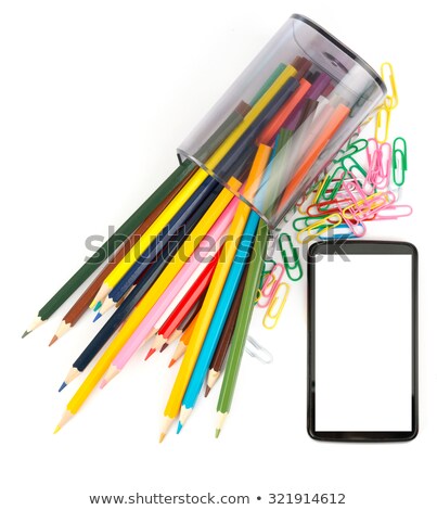 Stock photo: Fallen Pencil Cup With Crayons And Smartphone