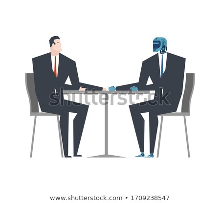 Сток-фото: Cyborg And Businessman Talks Robot And Man At Table Artificial