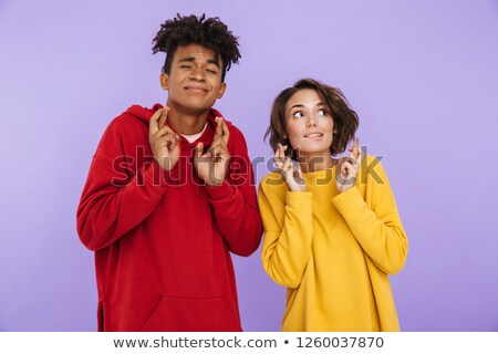 Stockfoto: Young Couple Friends Students Standing Isolated Over White Wall Background Showing Hopeful Gesture