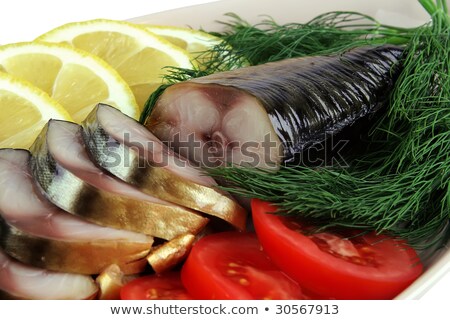 Foto stock: Smoked Fish Served With Tomato Fennel And Lemon