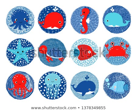 Stockfoto: Sea Animals Vector Icons In Textured Circles In Blue And Red