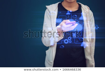 Stockfoto: Businessman Robot Hands Code Connection Hud Network