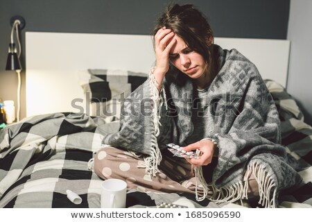 Stockfoto: Image Of Young Woman 20s Wrapped In Blanket Holding Pills Isola