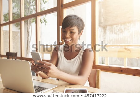 Foto stock: Portrait Of Cheerful Beautiful Attractive Woman Using Wooden Bru