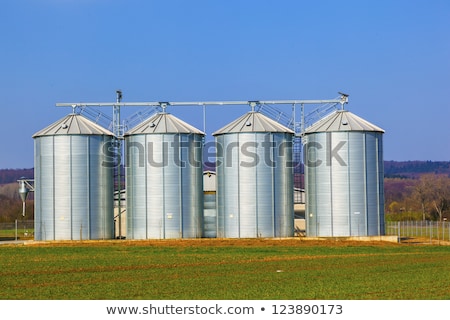 ストックフォト: Four Silver Silos In Field Under Bright Sky