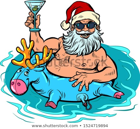 Foto stock: New Year Party Santa Clays At The Resort In The Pool With An Inflatable Deer And A Cocktail