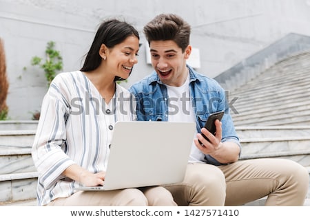 Stock fotó: Amazing Beautiful Young Woman Using Laptop Computer Outdoors