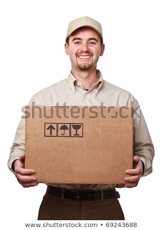 Stock foto: Young Male Courier With Box Isolated On White