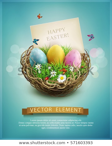 Easter Eggs In Wicker Basket With Flowers ストックフォト © Alkestida