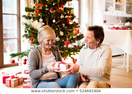 ストックフォト: Senior Couple With Gifts In Front Of Christmas Tree