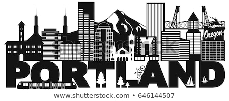 Foto stock: Portland Oregon Skyline And Text Black And White Illustration