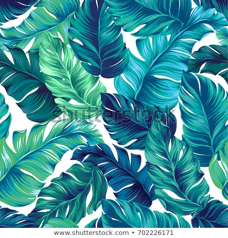 Сток-фото: Seamless Pattern With Tropics Elements Palm Leaves Bananas And Pink Flamingos Green Background