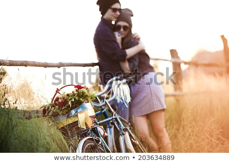 Foto stock: Happy Couple With Fixed Gear Bicycles In Summer