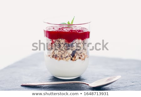 Foto stock: Homemade Granola Parfait With Berry Jam And Mint Yogurt And Mue