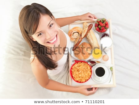 Foto stock: Woman Having Breakfast In Bed Healthy Continental Breakfast Ca