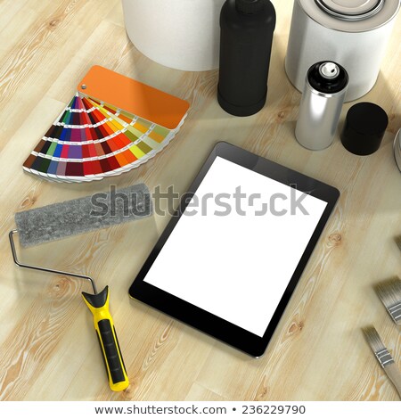 Stock photo: Tablet With Blank Screen And Colorful Paint Cans