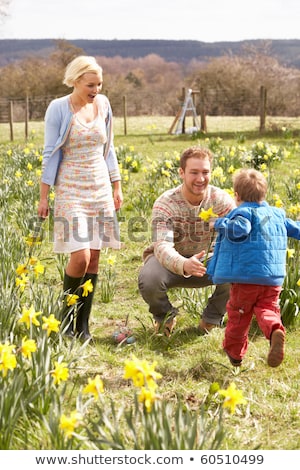 Stockfoto: Young Family Walking Amongst Spring Daffodils