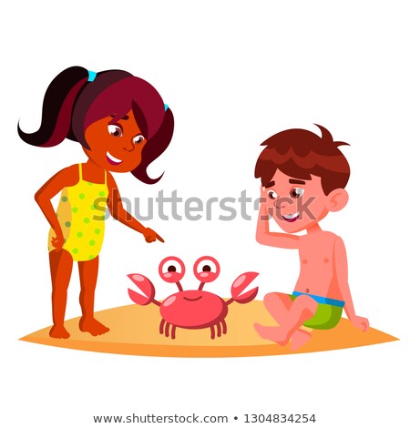 Stok fotoğraf: Squatting Kids Watching A Crab On The Beach Vector Isolated Illustration