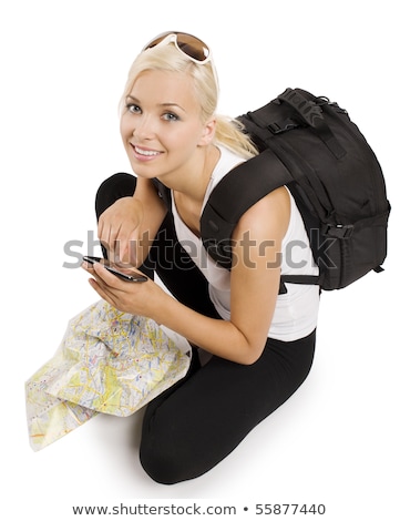 Stockfoto: Young Female Lost Looking The Map Finding The Right Direction