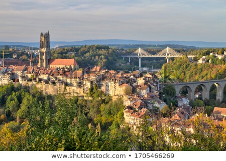Foto stock: View Of Cathedral Poya And Zaehringen Bridge Fribourg Switzerland Hdr
