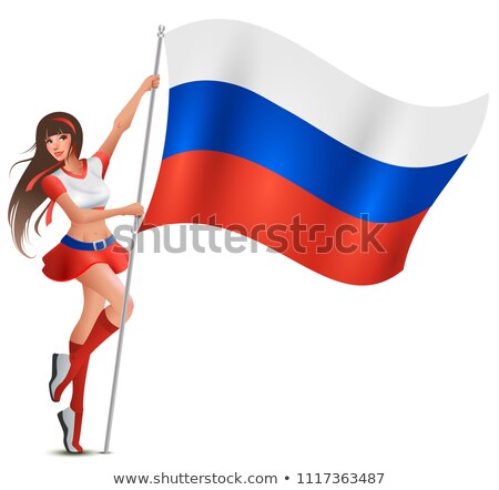 Russian Young Beautiful Woman Holding Flag Fan Supports Soccer Team Imagine de stoc © ALEXEY GRIGOREV