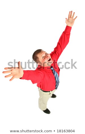 Foto d'archivio: Businessman In Red Shirt With Rised Hands Top View