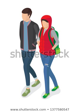 Foto stock: Woman In Sleeveless Jacket Green Shoes And Backpack
